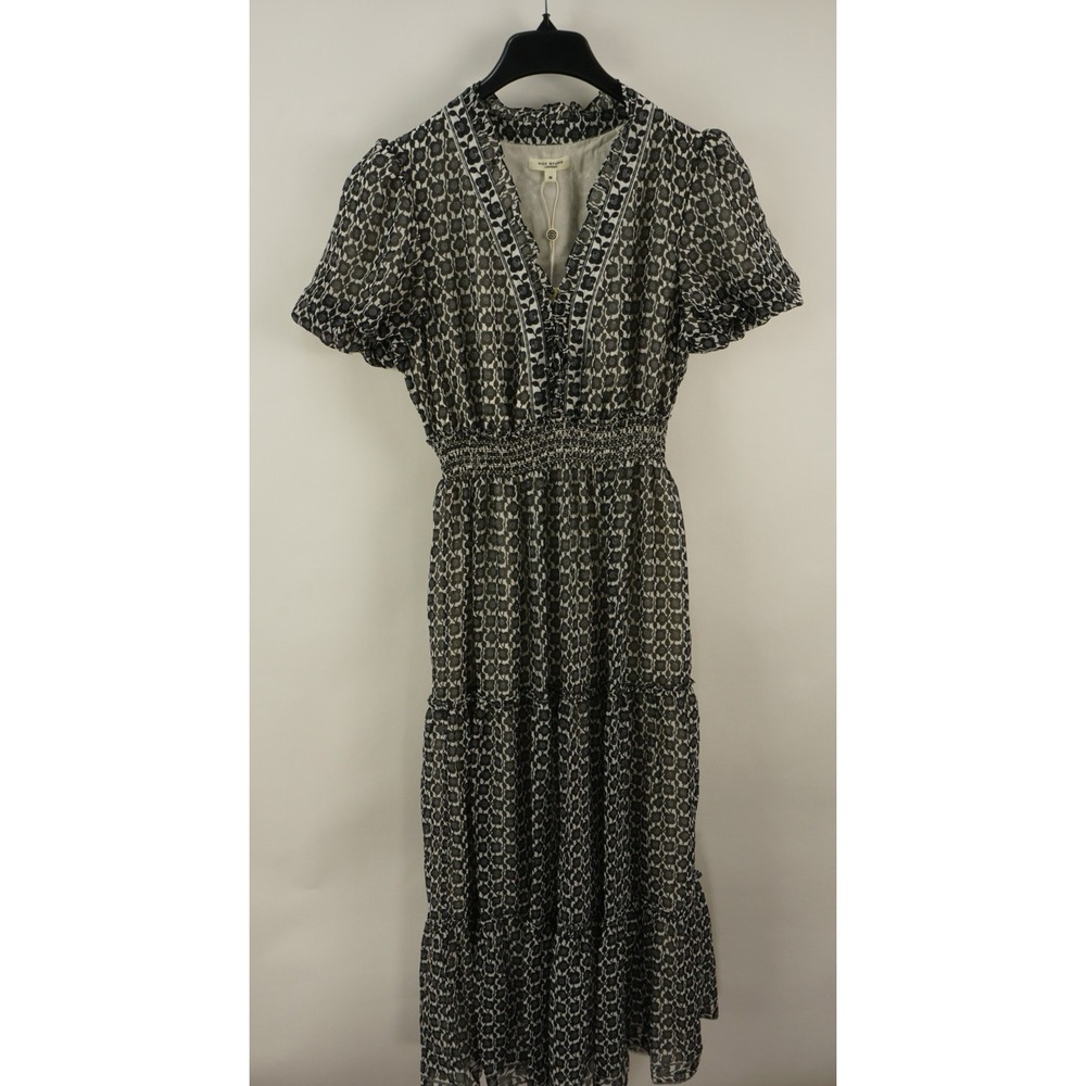 $178 Max Studio Maxi Dress Size‎ M Puff Sleeve Black White Floral Tiered Ruffled